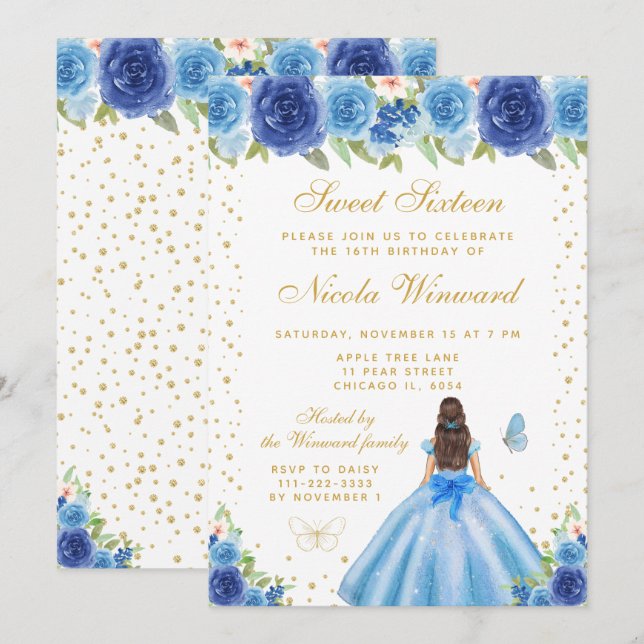 Blue Floral Brunette Hair Princess Sweet Sixteen Einladung (Vorne/Hinten)