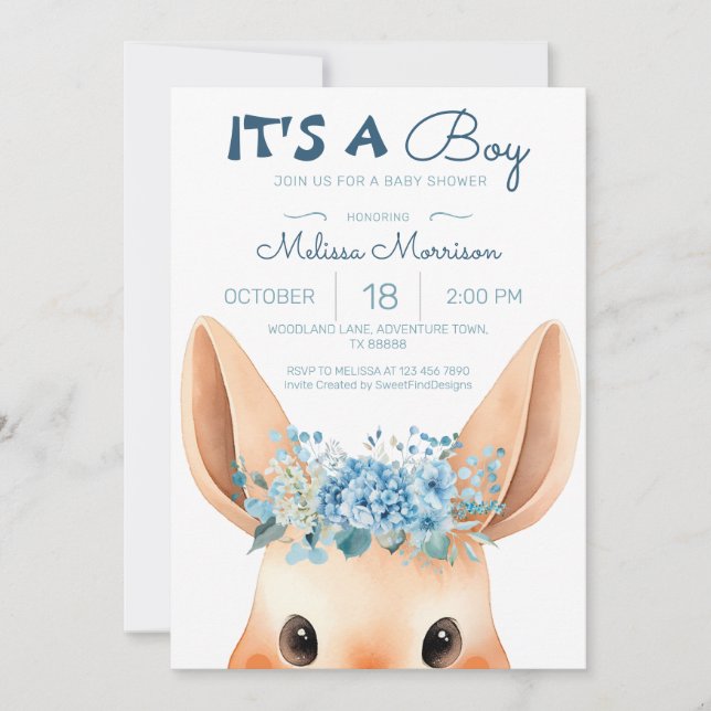 Blue Floral Bunny Baby Boy Dusche Einladung (Vorderseite)