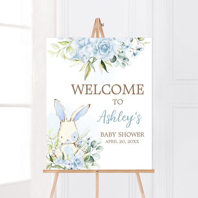 Blue Floral Bunny Rabbit Baby Dusche Willkommen Poster (A Little Bunny Boy Baby Shower Welcome Sign)