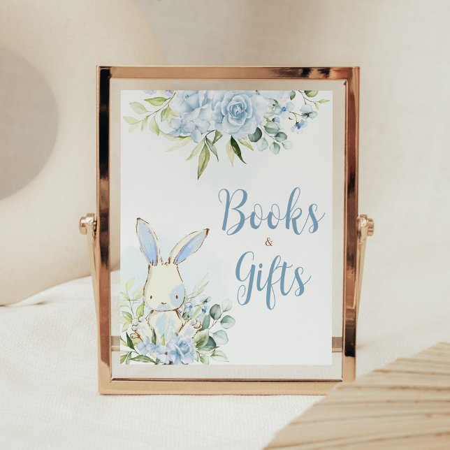 Blue Floral Bunny Rabbit Kinderbücher und Geschenk Poster (A Little Bunny Boy Baby Shower Books and Gifts Sign)