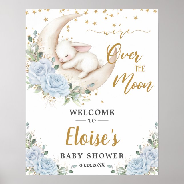 Blue Floral Bunny Rabbit Moon Baby Shower Welcome Poster (Vorne)