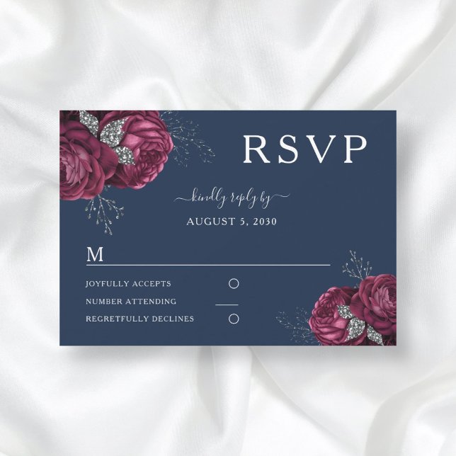 Blue Floral Burgundy Peonies Elegant Wedding RSVP Karte (Von Creator hochgeladen)