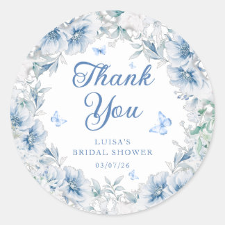 Blue Floral Butterfly Bridal Shower Thank You Runder Aufkleber