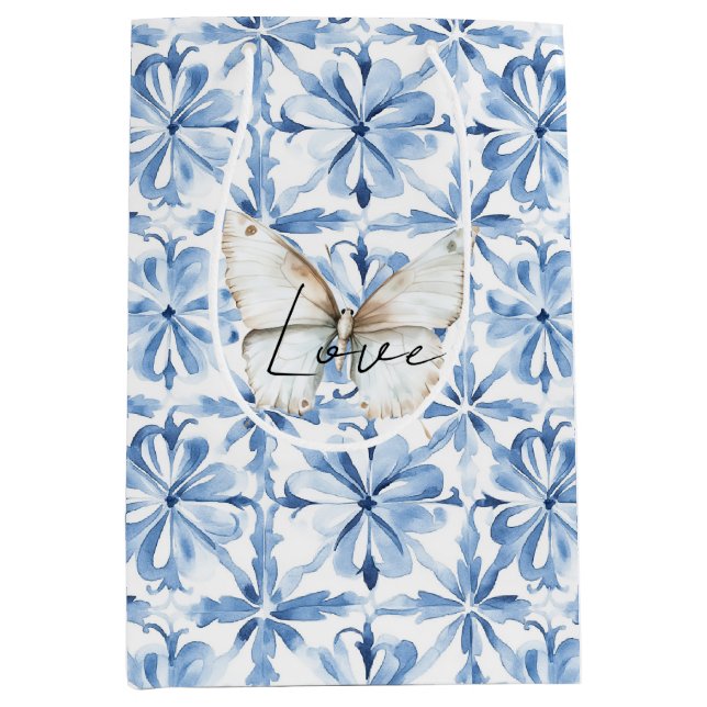 Blue Floral Butterfly Love Mittlere Geschenktüte (Vorderseite)