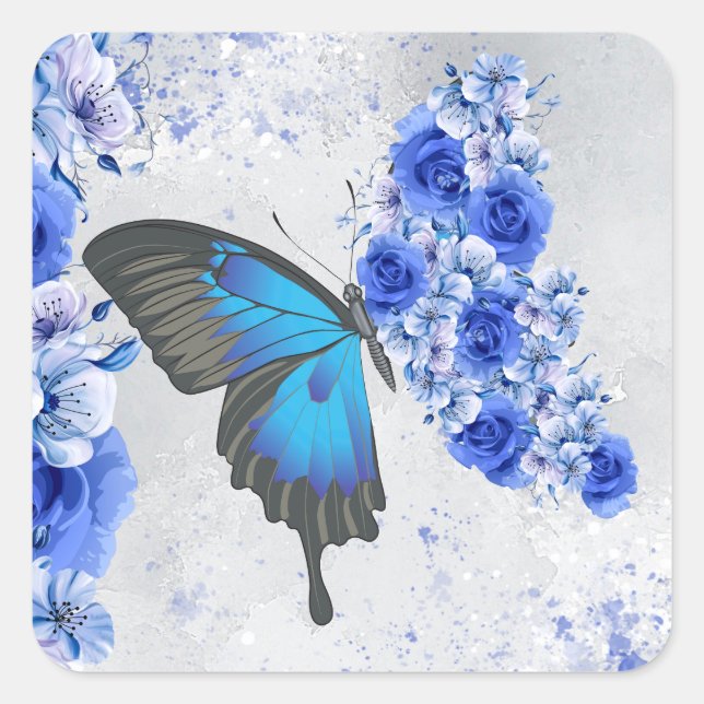 Blue Floral Butterfly Square Sticker (Vorderseite)