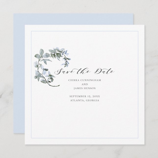 Blue Floral Calligraphy Wedding Save the Date Card (Vorne/Hinten)