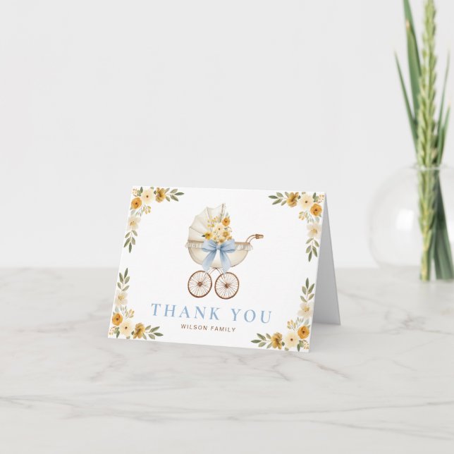 Blue Floral Carriage Baby Shower Thank You Card Dankeskarte (Vorderseite)