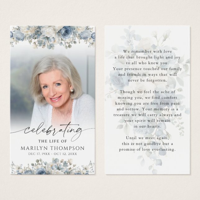 Blue Floral Celebration of Life Photo Prayer Card (Vorne & Hinten)