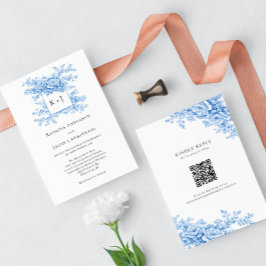 Blue Floral Chinoiserie 2-sided QR Code Monogram Einladung
