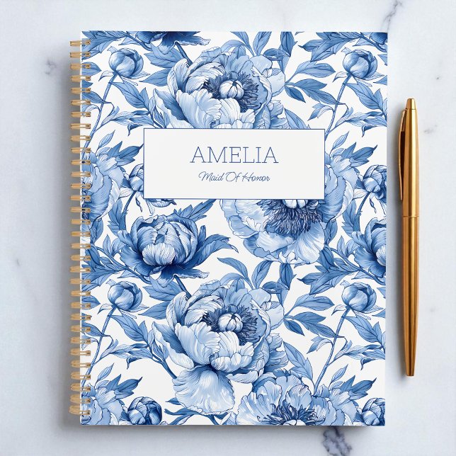Blue Floral Chinoiserie Blume Name Modern Unveränd Planer (Blue Floral Chinoiserie Flower Name Modern Undated Planner Bridal shower Bridesmaid)