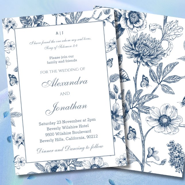 Blue Floral Chinoiserie Christian Wedding  Einladung (Von Creator hochgeladen)