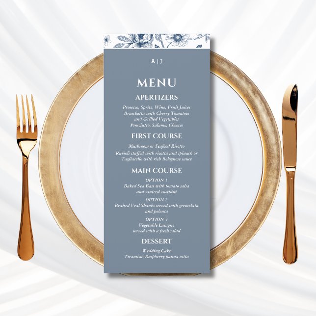 Blue Floral Chinoiserie Christian Wedding Menu Menükarte (Von Creator hochgeladen)