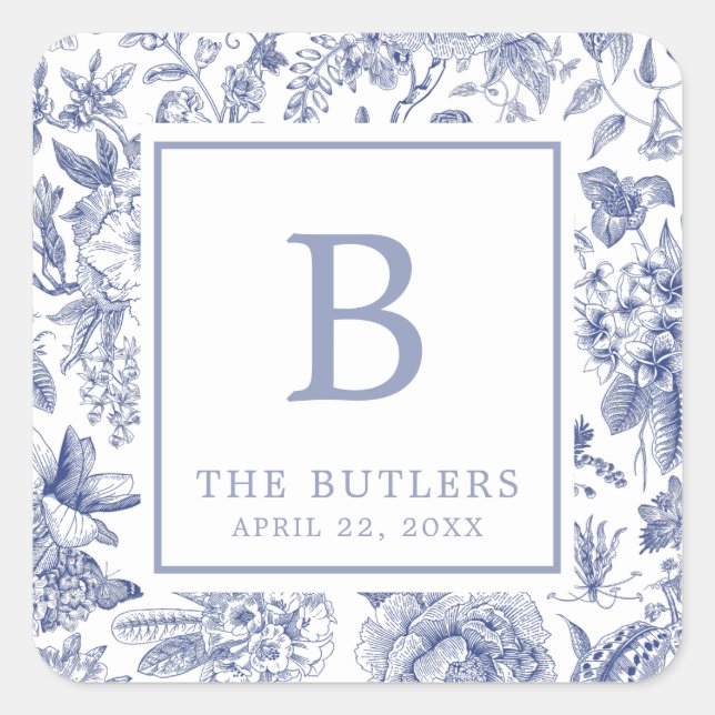 Blue Floral Chinoiserie Initial Wedding Sticker (Vorderseite)