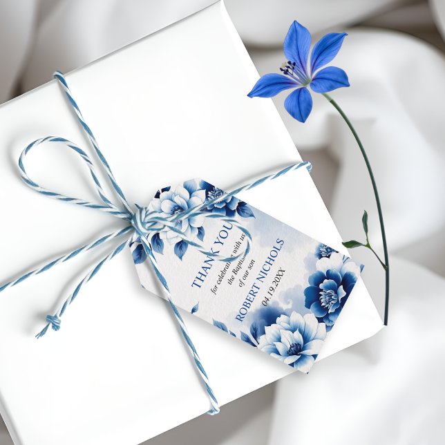Blue floral Chinoiserie Junge Taufe Danke Geschenkanhänger (Von Creator hochgeladen)