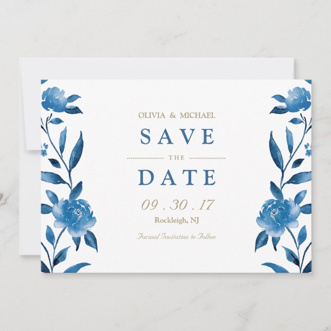 Blue floral Chinoiserie Wedding speichern das Datu Save The Date (Vorderseite)