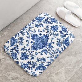 Blue Floral Chinoiserie White Watercolor Badematte