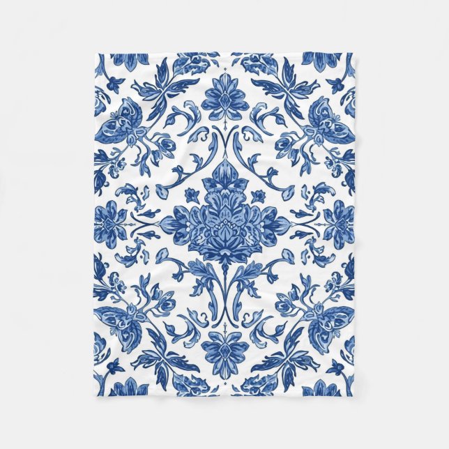 Blue Floral Chinoiserie White Watercolor Fleecedecke (Vorderseite)