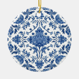 Blue Floral Chinoiserie White Watercolor Keramik Ornament