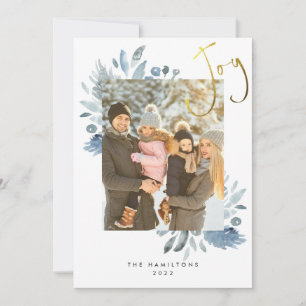 Blue Floral Christmas Foto Flat Holiday Card Feiertagskarte