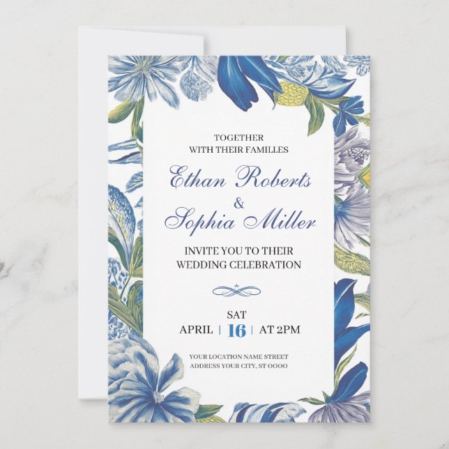 Blue Floral Classic Hochzeitseinladung Einladung (Vorderseite)