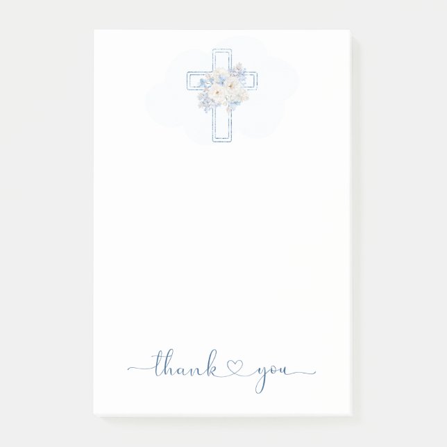 Blue Floral Cross Baptism/Christening Thank You  Post-it Klebezettel (Vorderseite)