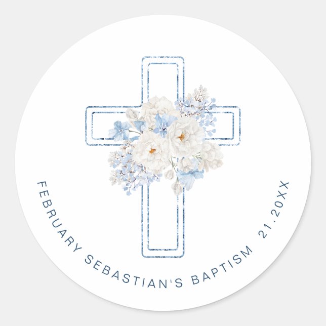 Blue Floral Cross Baptism Runder Aufkleber (Vorderseite)