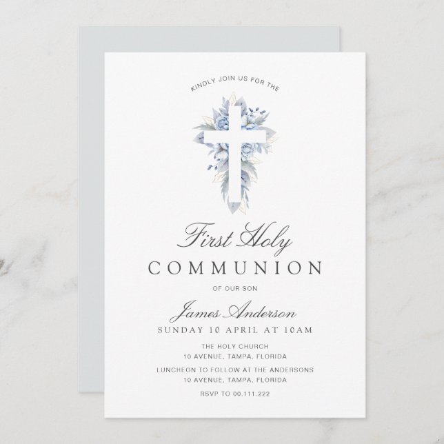 blue floral cross first holy communion invitation einladung (Vorne/Hinten)
