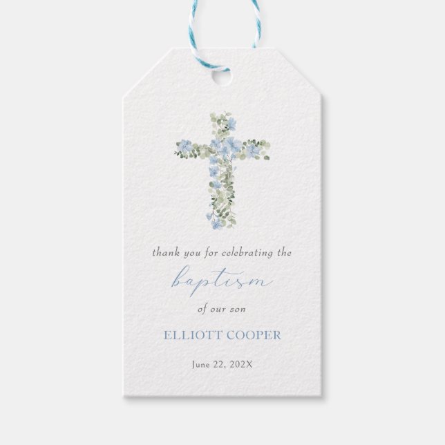 Blue Floral Cross Girl Baptisse Tag Geschenkanhänger (Vorderseite)