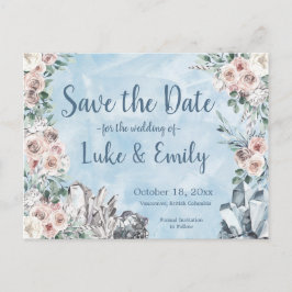 Blue Floral & Crystals Wedding Save the Date Postkarte