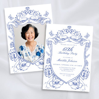 Blue Floral Custom Foto 60. Geburtstagsparty Einladung
