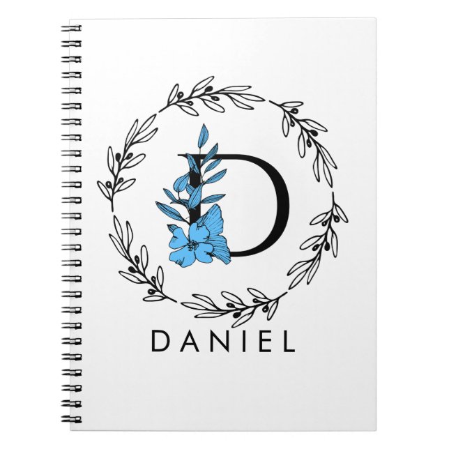 Blue Floral Custom Monogram - Letter D Notebook Notizblock (Vorderseite)