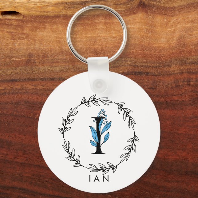Blue Floral Custom Monogram - Letter I Schlüsselanhänger (Vorderseite)