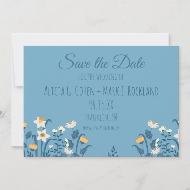 Blue Floral Daisy Wedding Save the Date Card (Vorderseite)