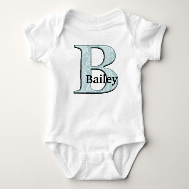 Blue Floral Damask Print B Monogramm Initialen Baby Strampler (Vorderseite)