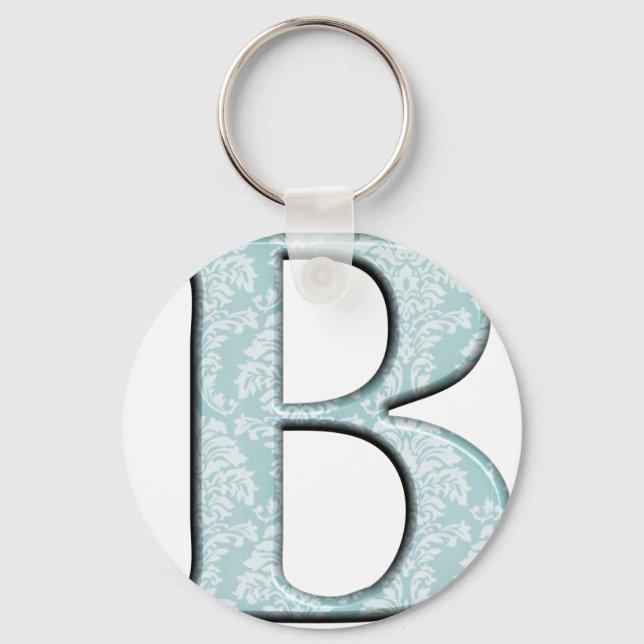 Blue Floral Damask Print B Monogramm Initialen Schlüsselanhänger (Vorderseite)