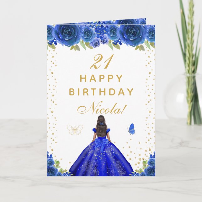 Blue Floral Dark Skin Girl Birthday Karte (Vorderseite)