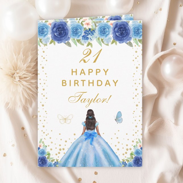Blue Floral Dark Skin Girl Happy Birthday Karte (Von Creator hochgeladen)