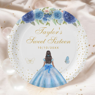 Blue Floral Dark Skin Princess 16 . Geburtstag Pappteller