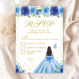 Blue Floral Dark Skin Princess 16 . Geburtstag RSVP Karte