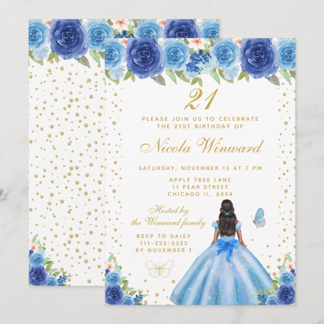 Blue Floral Dark Skin Princess Birthday Party Einladung (Vorne/Hinten)