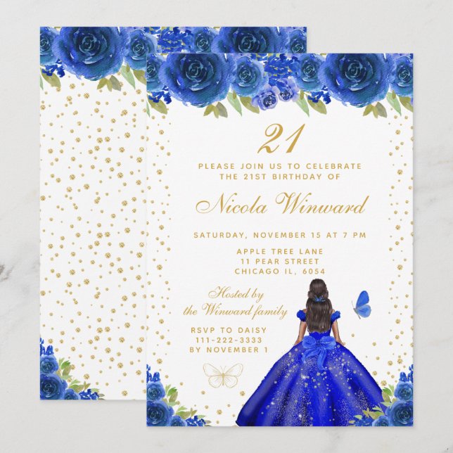 Blue Floral Dark Skin Princess Birthday Party Einladung (Vorne/Hinten)
