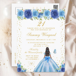 Blue Floral Dark Skin Princess Geburtstagsparty Postkarte