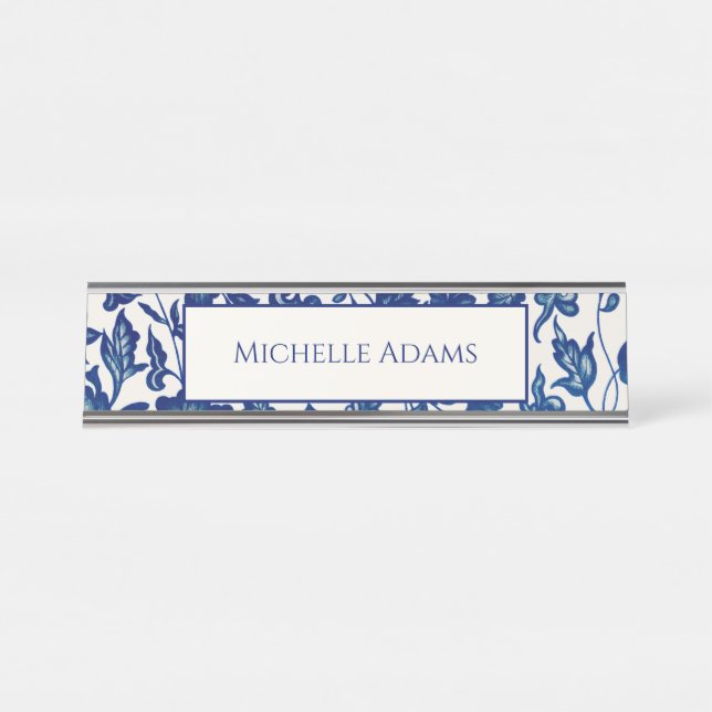 Blue Floral Desk Name Plate Schreibtischnamensplakette (Vorderseite )