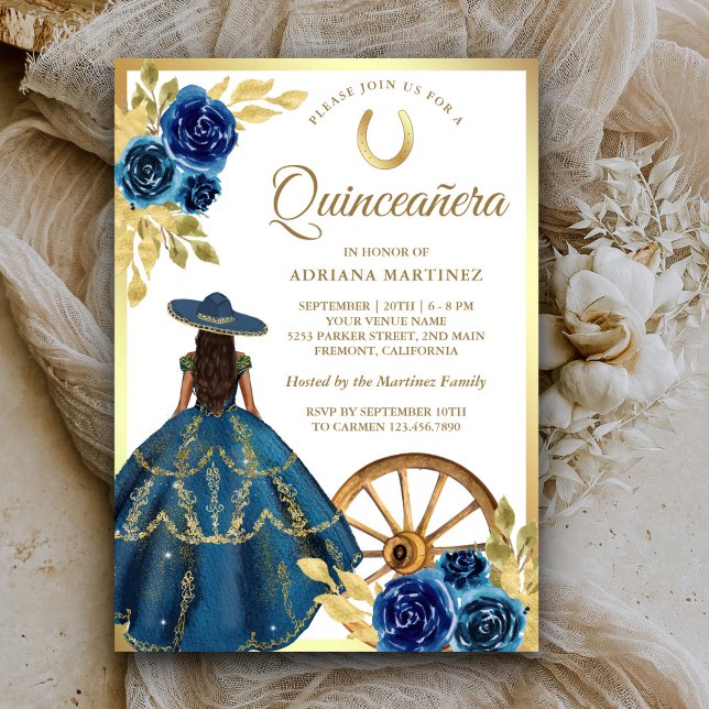 Blue Floral Dress Charro Western Gold Quinceanera Einladung (Von Creator hochgeladen)
