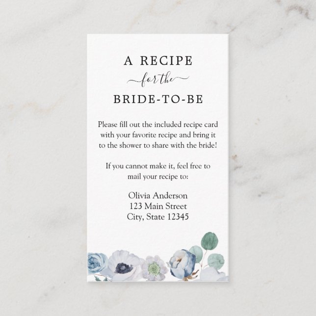 Blue Floral Dusche Rezeptkarte Begleitkarte (Vorderseite)