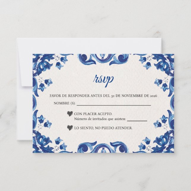 Blue Floral Elegant Fiesta Spanish Wedding RSVP Karte (Vorderseite)