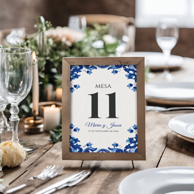 Blue Floral Elegant Fiesta Spanish Wedding Tischnummer (Blue Floral Elegant Fiesta Spanish Wedding Table Number)