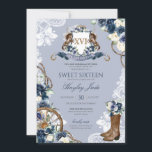 Blue Floral & Elegant Wappen Cowgirl Ranch Sweet 1 Einladung<br><div class="desc">Elegantes rustikales Design mit Charro/Cowboy/Ranch Thema. Mit einem schönen Wappen,  luxuriösen Rosa und Weiß Blumenstrauß und hübschen Cowgirl/Cowboy Stiefeln</div>