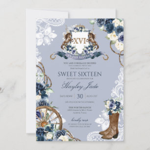 Blue Floral & Elegant Wappen Cowgirl Ranch Sweet 1 Einladung