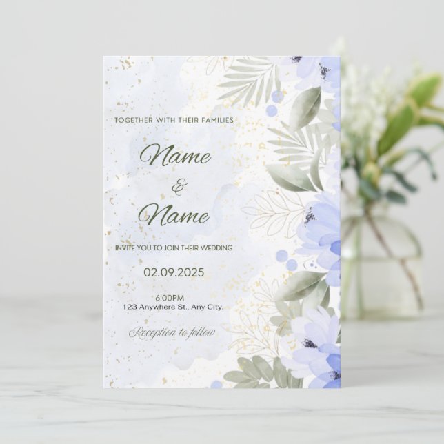Blue floral elegant wedding invitation  einladung (Stehend Vorderseite)